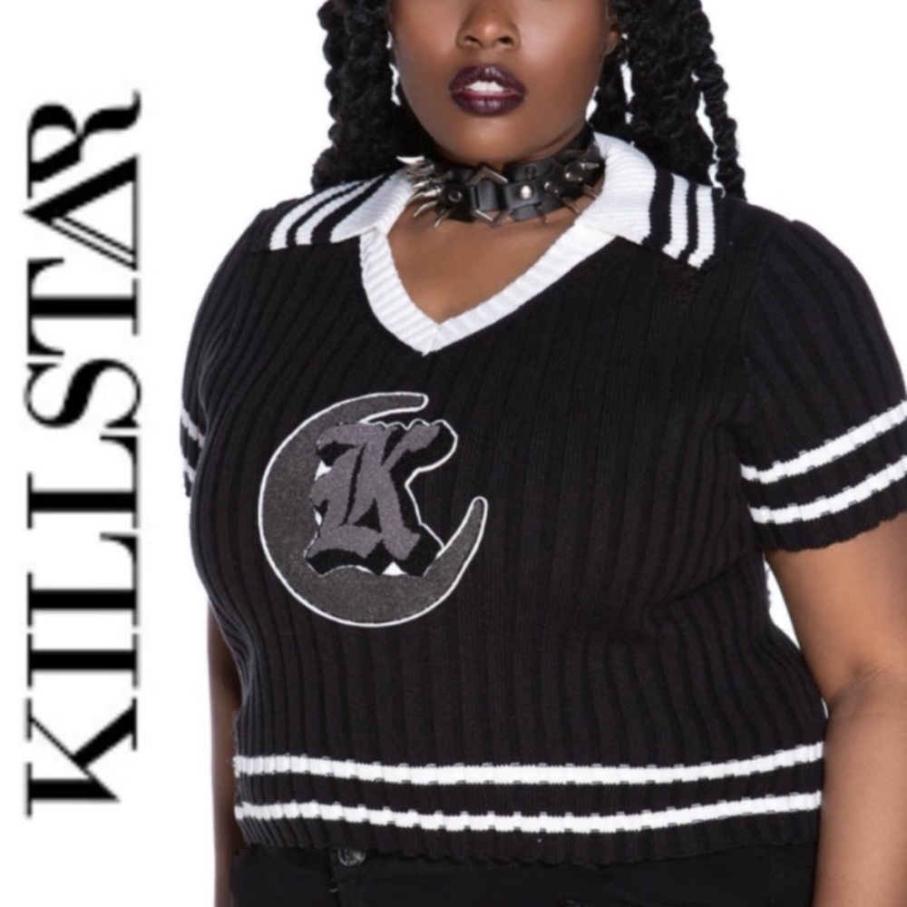 KILLSTAR "GLOOMSDAY" STRETCH KNIT CROP TOP BLACK AND WHITE DISTRESSED - 3X